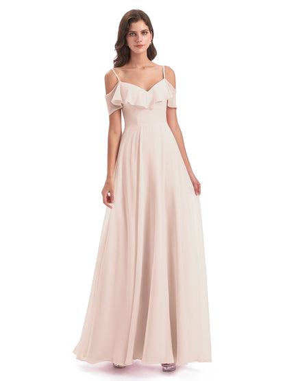 Miya A-line Floor Length Spaghetti Straps Ruffles Long Bridesmaid Dresses