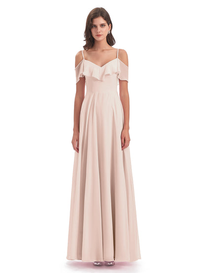 Miya A-line Floor Length Spaghetti Straps Ruffles Long Bridesmaid Dresses
