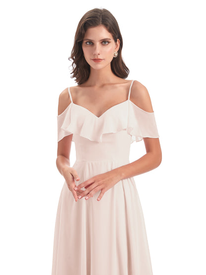 Miya A-line Floor Length Spaghetti Straps Ruffles Long Bridesmaid Dresses