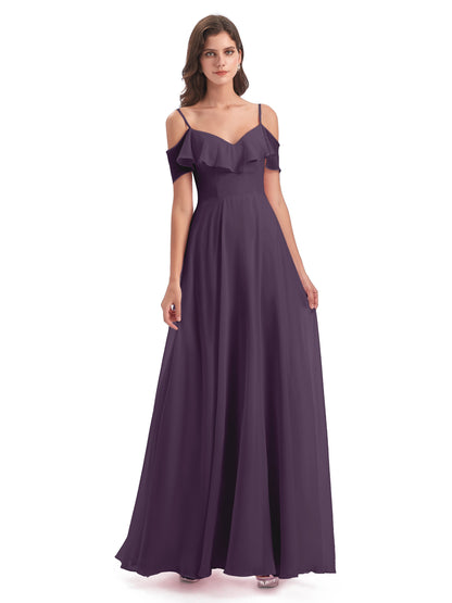 Miya A-line Floor Length Spaghetti Straps Ruffles Long Bridesmaid Dresses