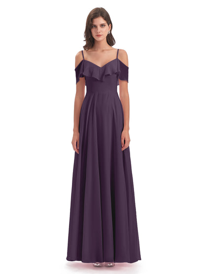 Miya A-line Floor Length Spaghetti Straps Ruffles Long Bridesmaid Dresses