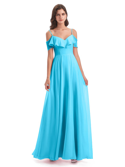 Miya A-line Floor Length Spaghetti Straps Ruffles Long Bridesmaid Dresses