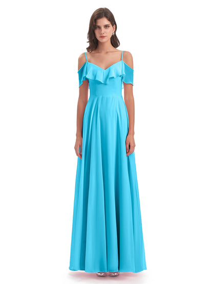 Miya A-line Floor Length Spaghetti Straps Ruffles Long Bridesmaid Dresses
