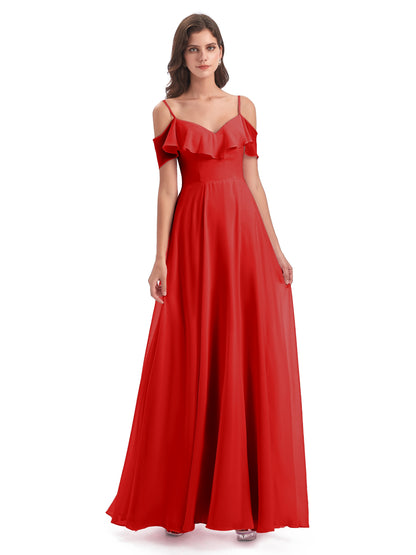Miya A-line Floor Length Spaghetti Straps Ruffles Long Bridesmaid Dresses