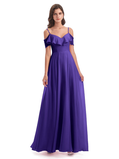 Miya A-line Floor Length Spaghetti Straps Ruffles Long Bridesmaid Dresses