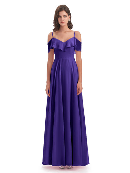 Miya A-line Floor Length Spaghetti Straps Ruffles Long Bridesmaid Dresses