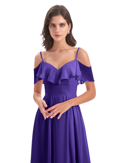 Miya A-line Floor Length Spaghetti Straps Ruffles Long Bridesmaid Dresses