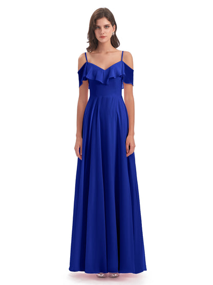 Miya A-line Floor Length Spaghetti Straps Ruffles Long Bridesmaid Dresses