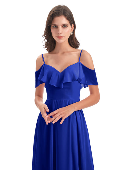 Miya A-line Floor Length Spaghetti Straps Ruffles Long Bridesmaid Dresses