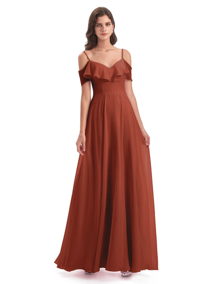 Miya A-line Floor Length Spaghetti Straps Ruffles Long Bridesmaid Dresses
