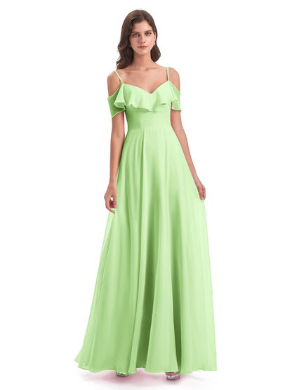 Miya A-line Floor Length Spaghetti Straps Ruffles Long Bridesmaid Dresses