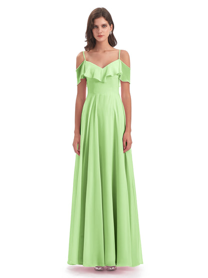 Miya A-line Floor Length Spaghetti Straps Ruffles Long Bridesmaid Dresses