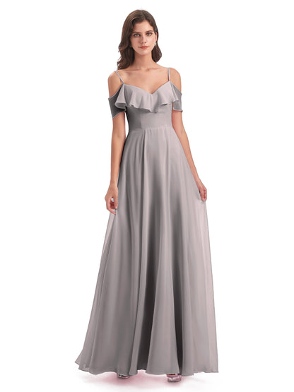 Miya A-line Floor Length Spaghetti Straps Ruffles Long Bridesmaid Dresses