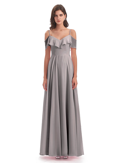 Miya A-line Floor Length Spaghetti Straps Ruffles Long Bridesmaid Dresses