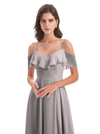 Miya A-line Floor Length Spaghetti Straps Ruffles Long Bridesmaid Dresses