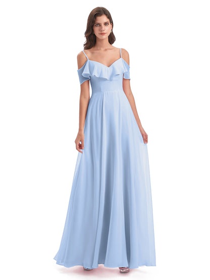 Miya A-line Floor Length Spaghetti Straps Ruffles Long Bridesmaid Dresses
