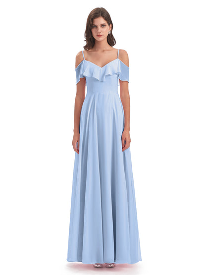 Miya A-line Floor Length Spaghetti Straps Ruffles Long Bridesmaid Dresses