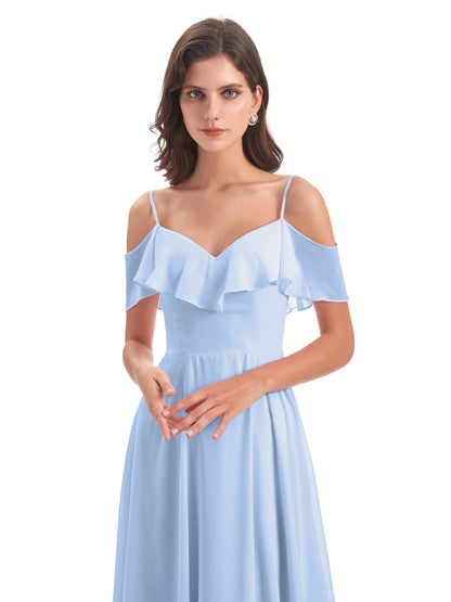Miya A-line Floor Length Spaghetti Straps Ruffles Long Bridesmaid Dresses