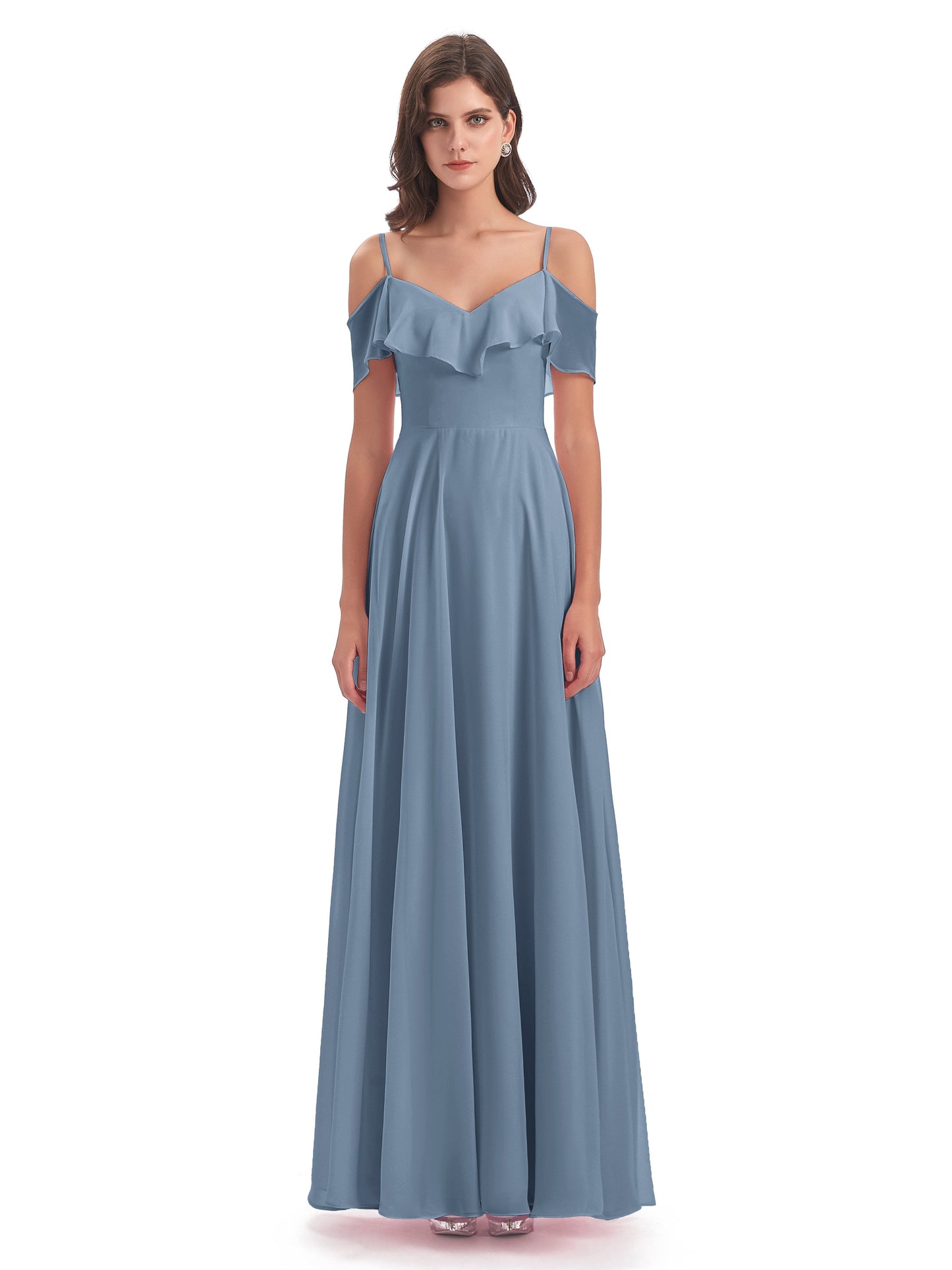 Miya A-line Floor Length Spaghetti Straps Ruffles Long Bridesmaid Dresses