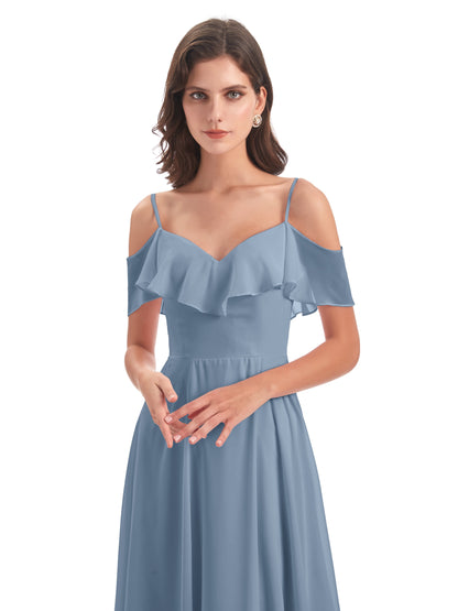 Miya A-line Floor Length Spaghetti Straps Ruffles Long Bridesmaid Dresses