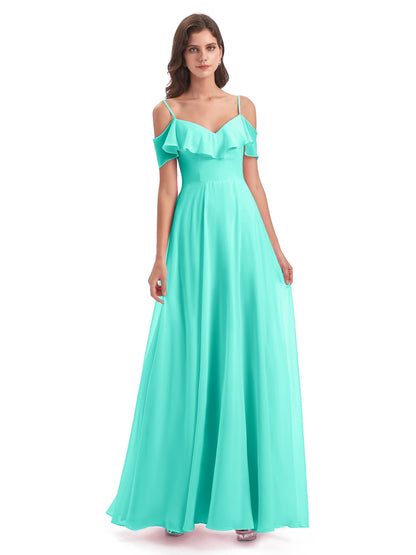 Miya A-line Floor Length Spaghetti Straps Ruffles Long Bridesmaid Dresses