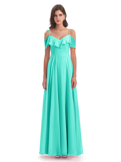 Miya A-line Floor Length Spaghetti Straps Ruffles Long Bridesmaid Dresses