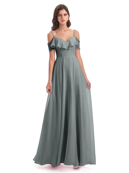 Miya A-line Floor Length Spaghetti Straps Ruffles Long Bridesmaid Dresses