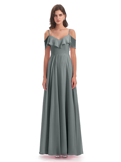 Miya A-line Floor Length Spaghetti Straps Ruffles Long Bridesmaid Dresses