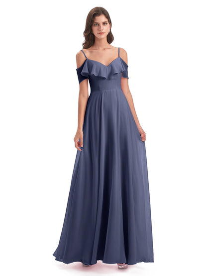 Miya A-line Floor Length Spaghetti Straps Ruffles Long Bridesmaid Dresses