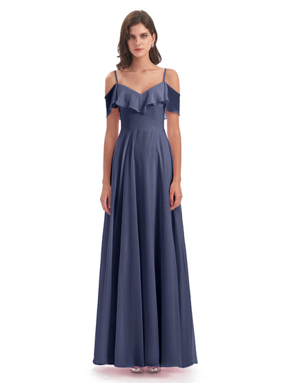 Miya A-line Floor Length Spaghetti Straps Ruffles Long Bridesmaid Dresses