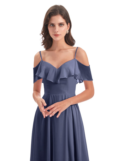Miya A-line Floor Length Spaghetti Straps Ruffles Long Bridesmaid Dresses