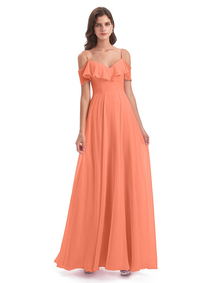 Miya A-line Floor Length Spaghetti Straps Ruffles Long Bridesmaid Dresses