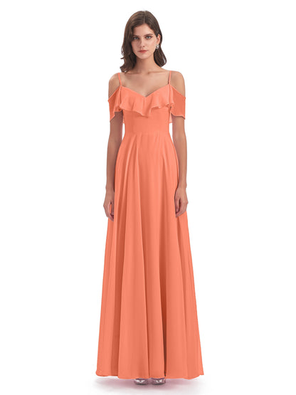 Miya A-line Floor Length Spaghetti Straps Ruffles Long Bridesmaid Dresses