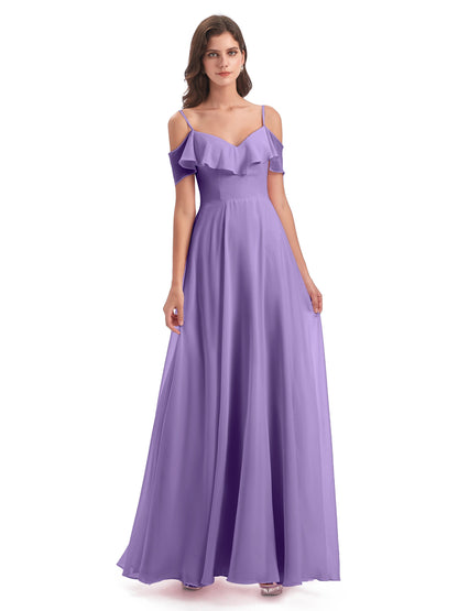 Miya A-line Floor Length Spaghetti Straps Ruffles Long Bridesmaid Dresses
