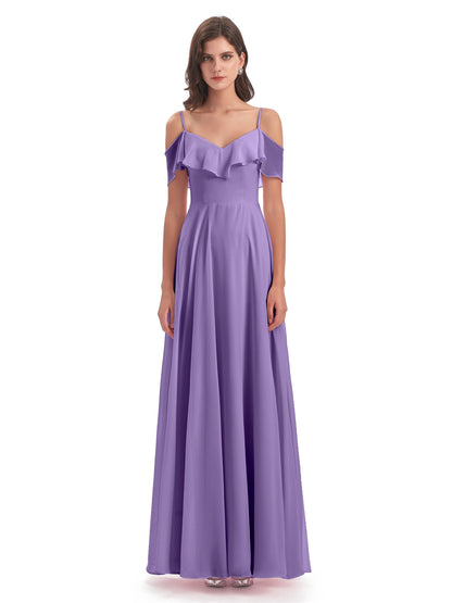 Miya A-line Floor Length Spaghetti Straps Ruffles Long Bridesmaid Dresses