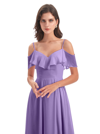Miya A-line Floor Length Spaghetti Straps Ruffles Long Bridesmaid Dresses