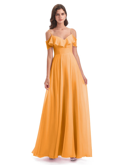 Miya A-line Floor Length Spaghetti Straps Ruffles Long Bridesmaid Dresses