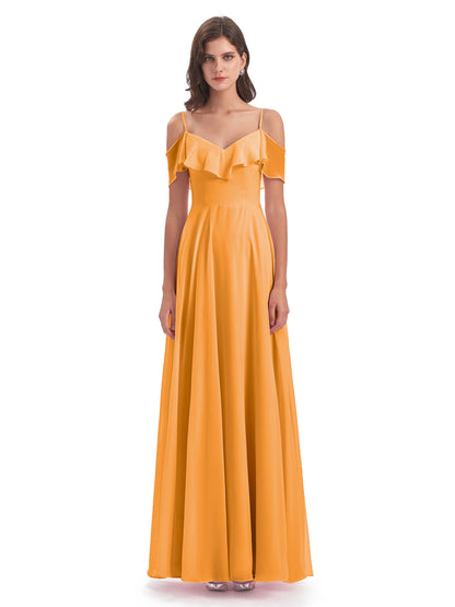 Miya A-line Floor Length Spaghetti Straps Ruffles Long Bridesmaid Dresses