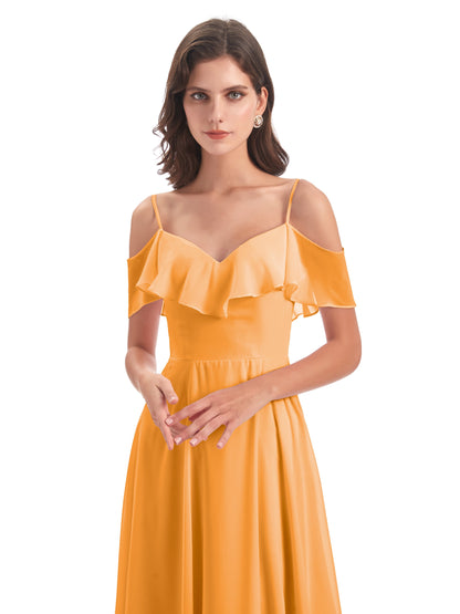 Miya A-line Floor Length Spaghetti Straps Ruffles Long Bridesmaid Dresses