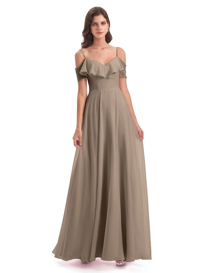 Miya A-line Floor Length Spaghetti Straps Ruffles Long Bridesmaid Dresses