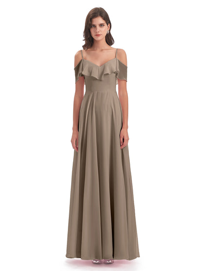 Miya A-line Floor Length Spaghetti Straps Ruffles Long Bridesmaid Dresses