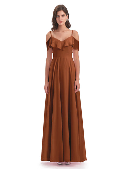 Miya A-line Floor Length Spaghetti Straps Ruffles Long Bridesmaid Dresses
