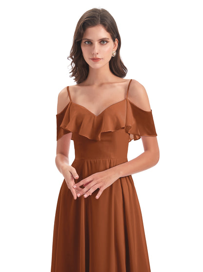 Miya A-line Floor Length Spaghetti Straps Ruffles Long Bridesmaid Dresses