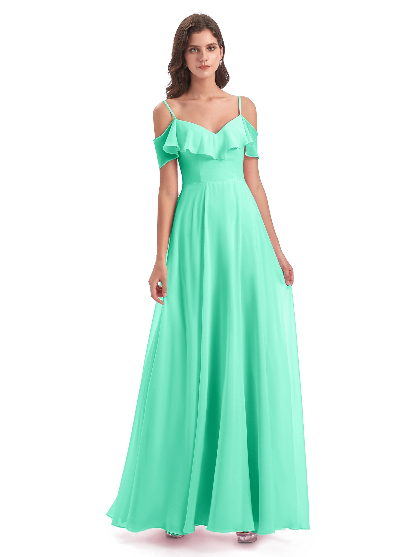 Miya A-line Floor Length Spaghetti Straps Ruffles Long Bridesmaid Dresses