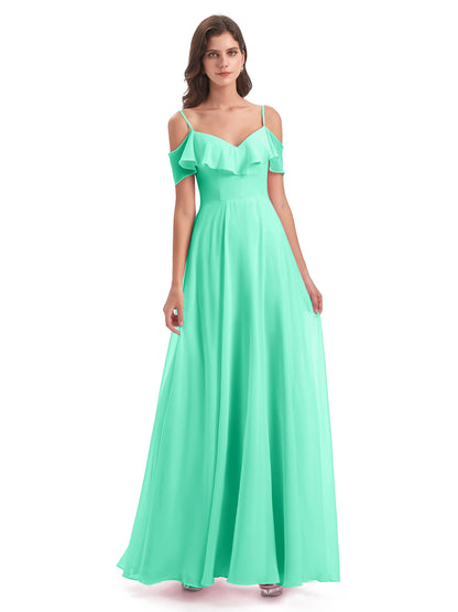 Miya A-line Floor Length Spaghetti Straps Ruffles Long Bridesmaid Dresses