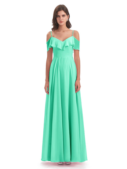 Miya A-line Floor Length Spaghetti Straps Ruffles Long Bridesmaid Dresses