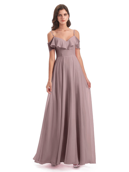 Miya A-line Floor Length Spaghetti Straps Ruffles Long Bridesmaid Dresses
