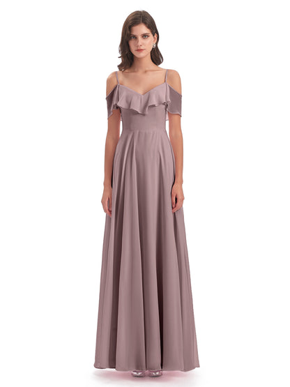 Miya A-line Floor Length Spaghetti Straps Ruffles Long Bridesmaid Dresses