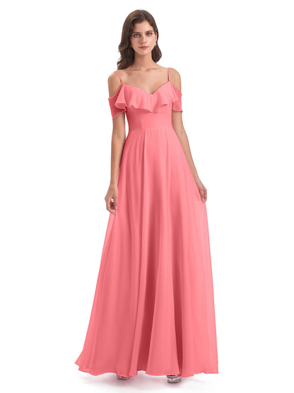 Miya A-line Floor Length Spaghetti Straps Ruffles Long Bridesmaid Dresses