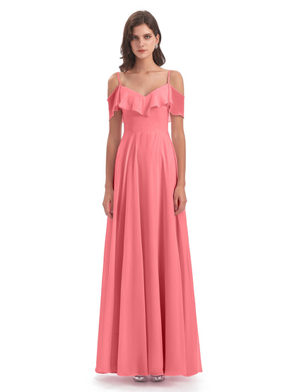 Miya A-line Floor Length Spaghetti Straps Ruffles Long Bridesmaid Dresses